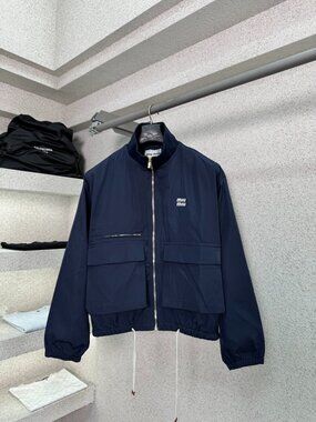 Miu Miu Navy Stand Collar Cropped Bomber Jacket Logo